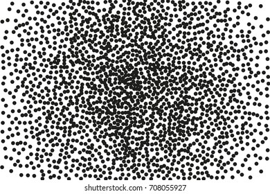 Random halftone. Pointillism style. Background with irregular, chaotic dots, points, circle. Abstract monochrome pattern. Black and white color. Vector illustration