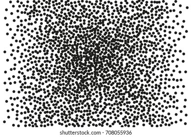 Random halftone. Pointillism style. Background with irregular, chaotic dots, points, circle. Abstract monochrome pattern. Black and white color. Vector illustration