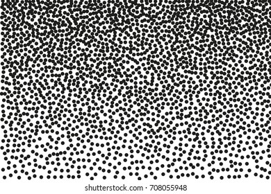 Random halftone. Pointillism style. Background with irregular, chaotic dots, points, circle. Abstract monochrome pattern. Black and white color. Vector illustration