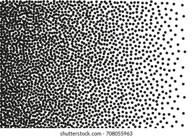 Random halftone. Pointillism style. Background with irregular, chaotic dots, points, circle. Abstract monochrome pattern. Black and white color. Vector illustration