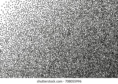 Random halftone. Pointillism style. Background with irregular, chaotic dots, points, circle. Abstract monochrome pattern. Black and white color. Vector illustration