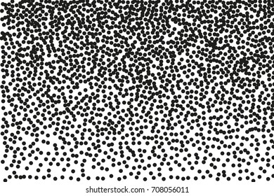 Random halftone. Pointillism style. Background with irregular, chaotic dots, points, circle. Abstract monochrome pattern. Black and white color. Vector illustration