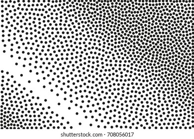 Random halftone. Pointillism style. Background with irregular, chaotic dots, points, circle. Abstract monochrome pattern. Black and white color. Vector illustration