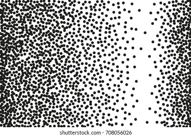 Random halftone. Pointillism style. Background with irregular, chaotic dots, points, circle. Abstract monochrome pattern. Black and white color. Vector illustration
