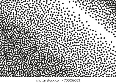 Random halftone. Pointillism style. Background with irregular, chaotic dots, points, circle. Abstract monochrome pattern. Black and white color. Vector illustration