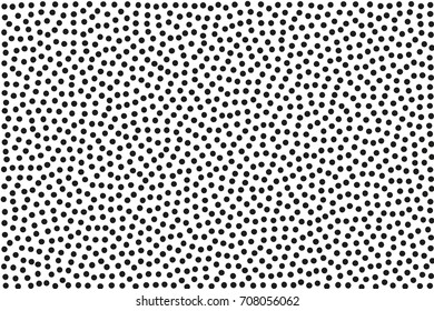 Random halftone. Pointillism style. Background with irregular, chaotic dots, points, circle. Abstract monochrome pattern. Black and white color. Vector illustration 