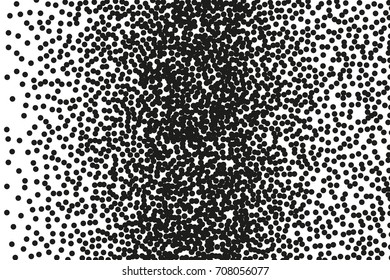 Random halftone. Pointillism style. Background with irregular, chaotic dots, points, circle. Abstract monochrome pattern. Black and white color. Vector illustration