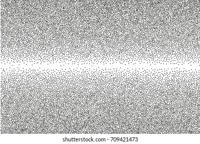 Random halftone. Pointillism style. Background with irregular, chaotic dots, points, circle. Abstract monochrome pattern. Black and white color. Vector illustration