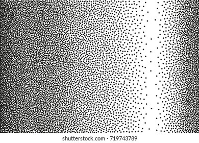 Random halftone. Pointillism style. Background with irregular, chaotic dots, points, circle. Abstract monochrome pattern. Black and white color. Vector illustration