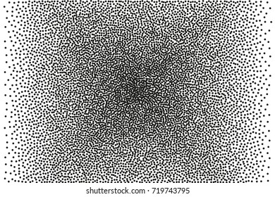 Random halftone. Pointillism style. Background with irregular, chaotic dots, points, circle. Abstract monochrome pattern. Black and white color. Vector illustration