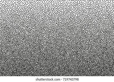 Random halftone. Pointillism style. Background with irregular, chaotic dots, points, circle. Abstract monochrome pattern. Black and white color. Vector illustration