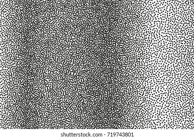 Random halftone. Pointillism style. Background with irregular, chaotic dots, points, circle. Abstract monochrome pattern. Black and white color. Vector illustration