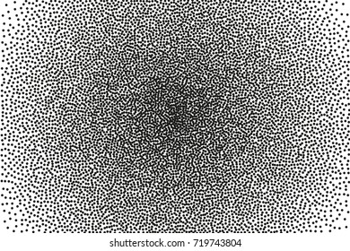 Random halftone. Pointillism style. Background with irregular, chaotic dots, points, circle. Abstract monochrome pattern. Black and white color. Vector illustration