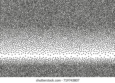 Random halftone. Pointillism style. Background with irregular, chaotic dots, points, circle. Abstract monochrome pattern. Black and white color. Vector illustration