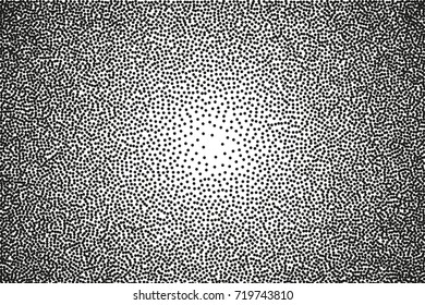 Random halftone. Pointillism style. Background with irregular, chaotic dots, points, circle. Abstract monochrome pattern. Black and white color. Vector illustration