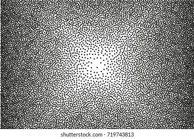 Random halftone. Pointillism style. Background with irregular, chaotic dots, points, circle. Abstract monochrome pattern. Black and white color. Vector illustration