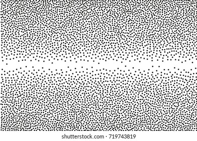 Random halftone. Pointillism style. Background with irregular, chaotic dots, points, circle. Abstract monochrome pattern. Black and white color. Vector illustration