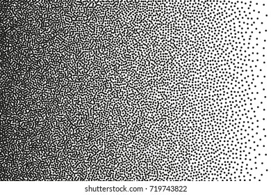 Random halftone. Pointillism style. Background with irregular, chaotic dots, points, circle. Abstract monochrome pattern. Black and white color. Vector illustration
