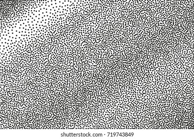 Random halftone. Pointillism style. Background with irregular, chaotic dots, points, circle. Abstract monochrome pattern. Black and white color. Vector illustration