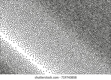 Random halftone. Pointillism style. Background with irregular, chaotic dots, points, circle. Abstract monochrome pattern. Black and white color. Vector illustration
