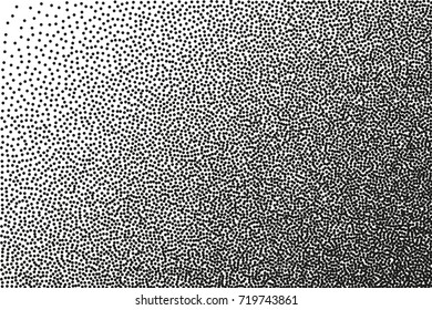 Random halftone. Pointillism style. Background with irregular, chaotic dots, points, circle. Abstract monochrome pattern. Black and white color. Vector illustration