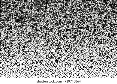 Random halftone. Pointillism style. Background with irregular, chaotic dots, points, circle. Abstract monochrome pattern. Black and white color. Vector illustration