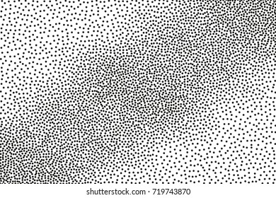 Random halftone. Pointillism style. Background with irregular, chaotic dots, points, circle. Abstract monochrome pattern. Black and white color. Vector illustration