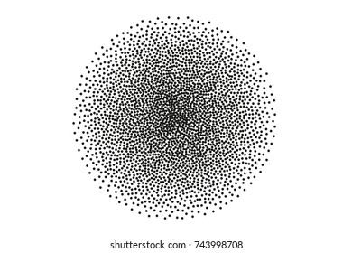 Random halftone. Pointillism style. Background with irregular, chaotic dots, points, circle. Abstract monochrome pattern. Black and white color. Vector illustration