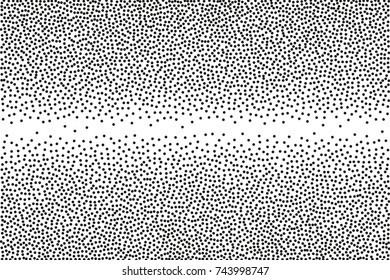 Random halftone. Pointillism style. Background with irregular, chaotic dots, points, circle. Abstract monochrome pattern. Black and white color. Vector illustration