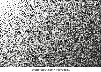 Random halftone. Pointillism style. Background with irregular, chaotic dots, points, circle. Abstract monochrome pattern. Black and white color. Vector illustration