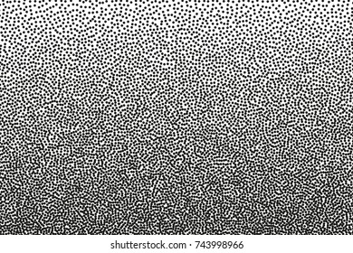 Random halftone. Pointillism style. Background with irregular, chaotic dots, points, circle. Abstract monochrome pattern. Black and white color. Vector illustration