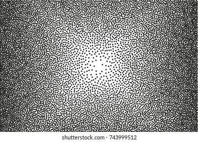 Random halftone. Pointillism style. Background with irregular, chaotic dots, points, circle. Abstract monochrome pattern. Black and white color. Vector illustration