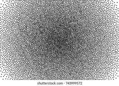 Random halftone. Pointillism style. Background with irregular, chaotic dots, points, circle. Abstract monochrome pattern. Black and white color. Vector illustration