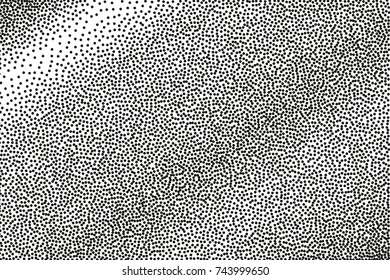 Random halftone. Pointillism style. Background with irregular, chaotic dots, points, circle. Abstract monochrome pattern. Black and white color. Vector illustration