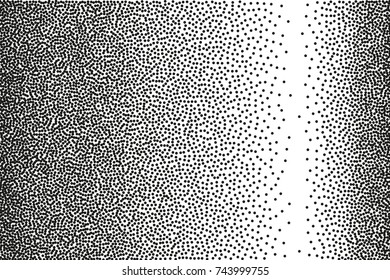 Random halftone. Pointillism style. Background with irregular, chaotic dots, points, circle. Abstract monochrome pattern. Black and white color. Vector illustration