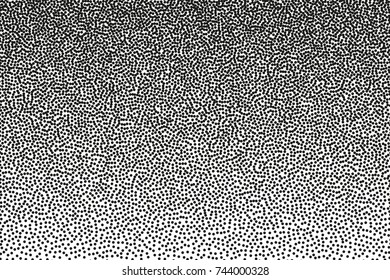 Random halftone. Pointillism style. Background with irregular, chaotic dots, points, circle. Abstract monochrome pattern. Black and white color. Vector illustration