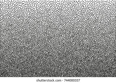 Random halftone. Pointillism style. Background with irregular, chaotic dots, points, circle. Abstract monochrome pattern. Black and white color. Vector illustration