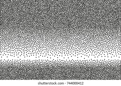 Random halftone. Pointillism style. Background with irregular, chaotic dots, points, circle. Abstract monochrome pattern. Black and white color. Vector illustration