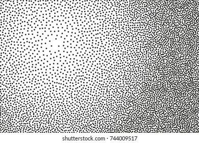 Random halftone. Pointillism style. Background with irregular, chaotic dots, points, circle. Abstract monochrome pattern. Black and white color. Vector illustration