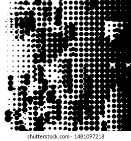 Random Halftone, Pointillism Style Petal with Irregular, Chaotic Dots, Points, Circle, Abstract Dusty Dirty Black Surface, Distress Design