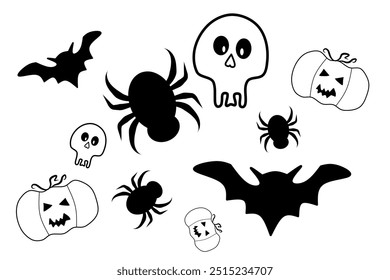 Random hallowen Pumpkin, skull, spider, and bat, spooky halloween icon isolated seamless pattern on white background. 