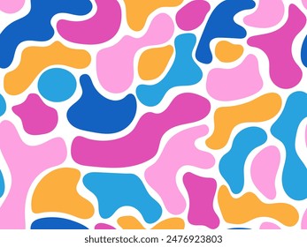 Random hand drawn blob stain liquid seamless pattern. Vibrant colors organic abstract geometric shapes. Cute Modern doodle bright background. Funny spots pattern for wallpaper design, packaging, cover