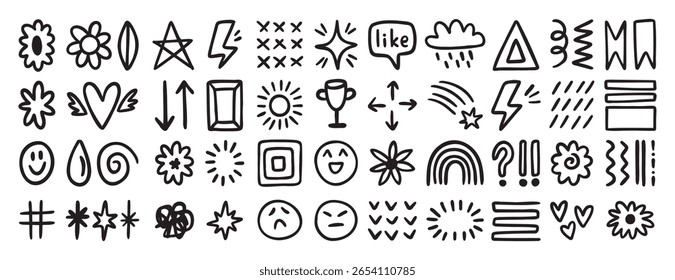 Ícones de rabiscar desenhados à mão aleatoriamente definidos com rostos sorridentes, estrelas, flores, setas e símbolos. Ilustração vetorial