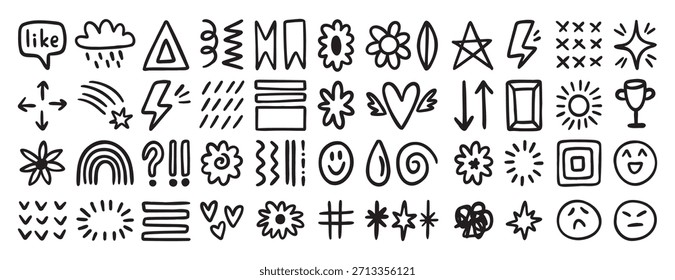 Ícones de rabiscar desenhados à mão aleatoriamente definidos com rostos sorridentes, estrelas, flores, setas e símbolos. Ilustração vetorial