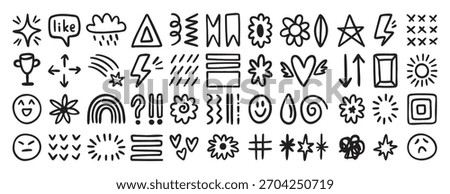 Random hand drawn doodle icons set with smiley faces, stars, flowers, arrows and symbols. Vector illustration