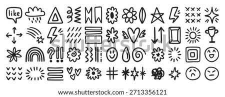 Random hand drawn doodle icons set with smiley faces, stars, flowers, arrows and symbols. Vector illustration