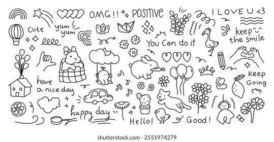 Random hand drawn doodle with rainbow, hearts, leafs, rabbit, flowers, lemon, cars, chick, cute line doodle