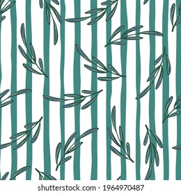 Random hand drawn minimalistic foliage branches seamless pattern. White and blue striped background. Designed for fabric design, textile print, wrapping, cover. Vector illustration.