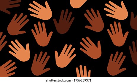 Random hands palm. Different ethnic human hands, different skin colors. Caucasian, Asian, Latino, Black. Concept of equality, unity and voting. Modern vector illustration. Black background