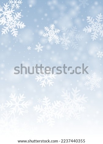 Random heavy snow flakes background. Snowfall speck ice granules. Snowfall weather white blue wallpaper. Blurred snowflakes january theme. Snow cold season landscape.